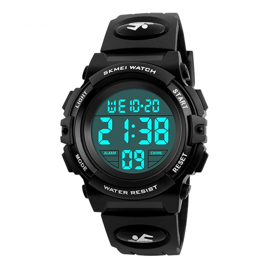 Black digital multifunction outdoor wrist watch with teal LED display and rubber strap