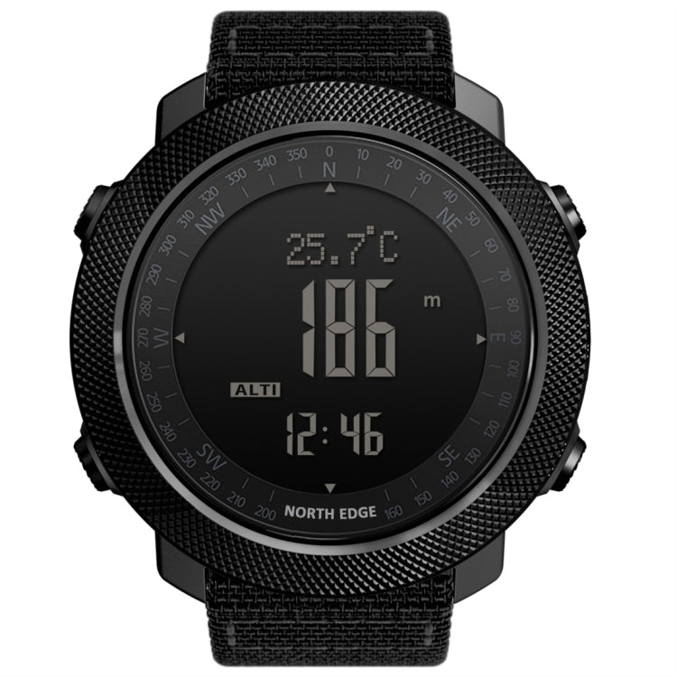 Waterproof smart watch with black nylon strap; screen shows 25.7°C, 186m, 12:46