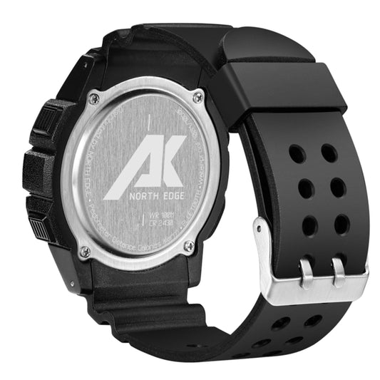 Bluetooth smart watch with black strap and silver back plate engraved AK