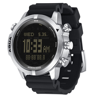 Round metal diver watch with black silicone strap and black luminous display