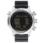 Silver-tone diver watch with black strap and digital black face with multiple indicators