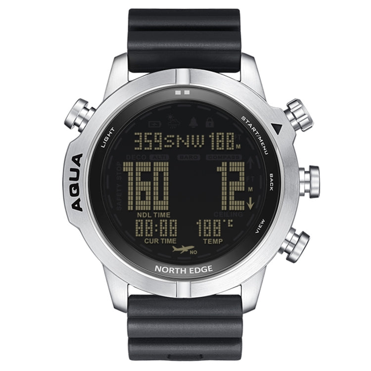 Silver-tone diver watch with black strap and digital black face with multiple indicators