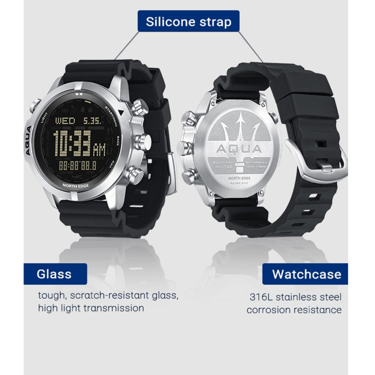 Waterproof scuba diver smart watch with black silicone strap and round silver case, digital display