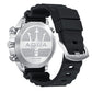 Back view of round metal diver watch with black silicone strap and water resistance markings