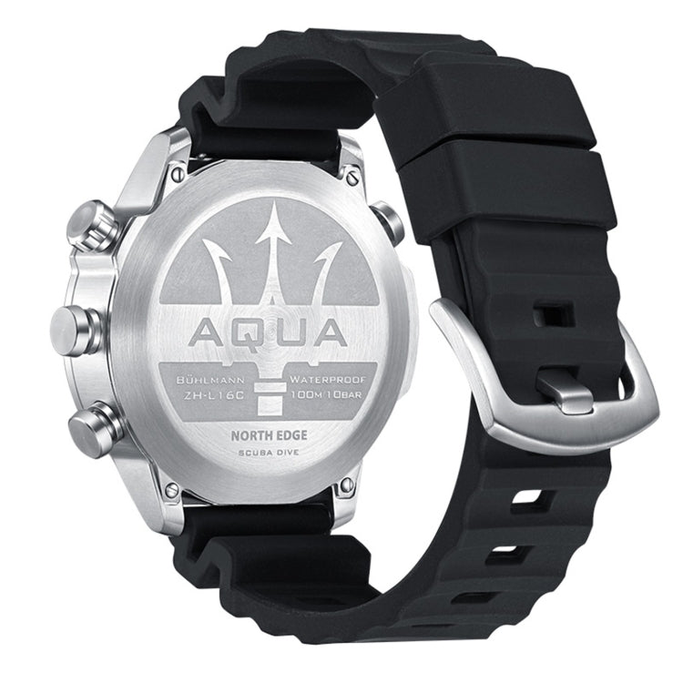 Back view of round metal diver watch with black silicone strap and water resistance markings