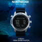 Silver round diver watch with black strap, showing digital display for aquatic use
