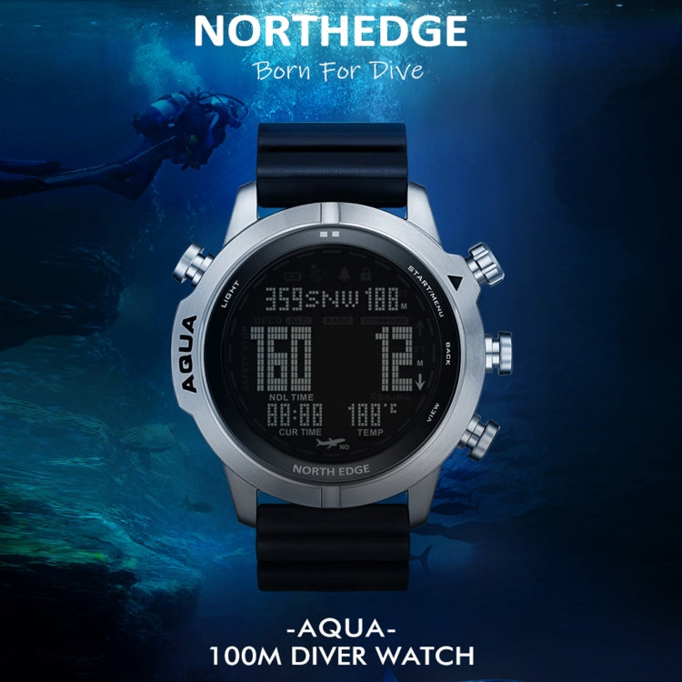 Silver round diver watch with black strap, showing digital display for aquatic use