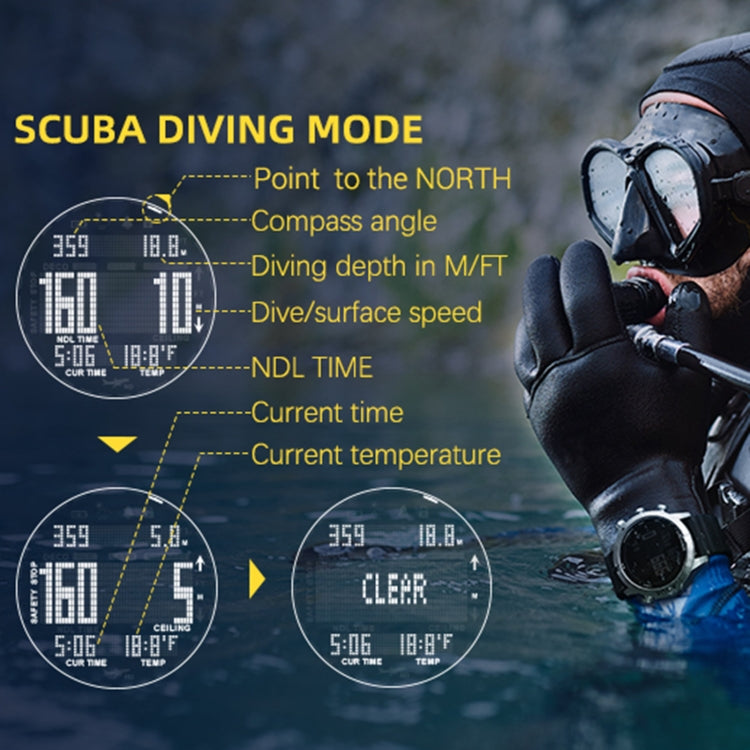 Diver gloves and sleeve with wristwatch showing digital display on black silicone strap