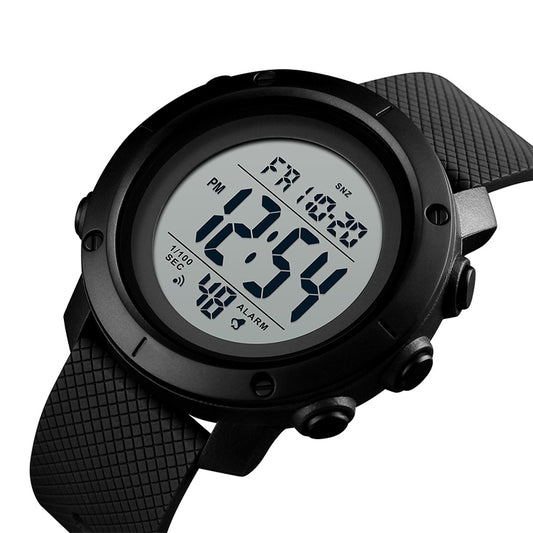 SKMEI multifunction digital watch close-up with textured black rubber strap and large digits