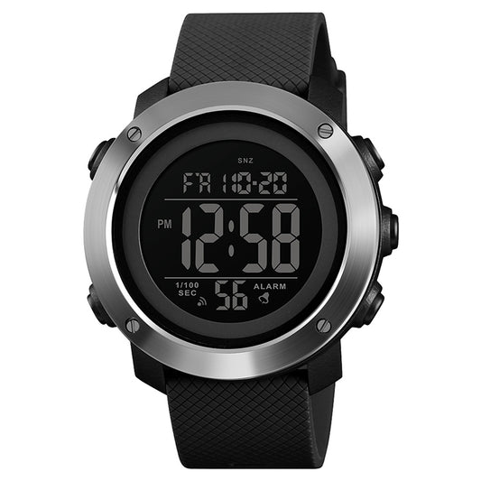 SKMEI digital wrist watch with black strap and silver steel bezel, black LCD display.