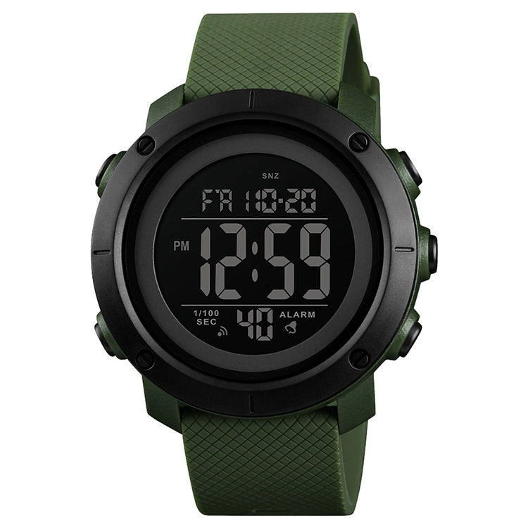Digital outdoor wristwatch with black face, green rubber strap, large illuminated digital display