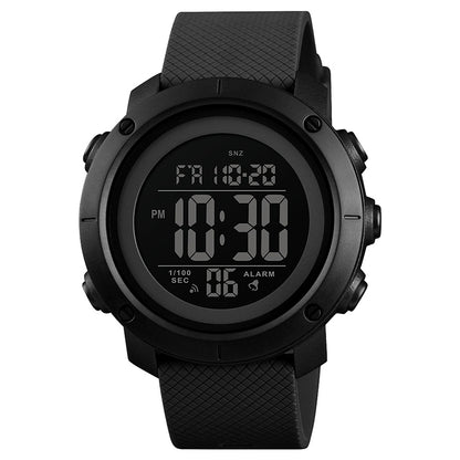 Digital outdoor wristwatch with black round case, black rubber strap, illuminated display