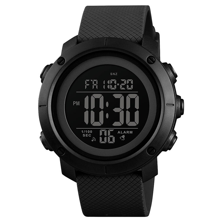 Digital outdoor wristwatch with black round case, black rubber strap, large digital time readout