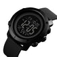 Digital outdoor wristwatch with black round bezel and black textured rubber strap, close-up display