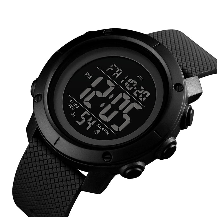 Digital outdoor wristwatch with black round bezel and black textured rubber strap, close-up display