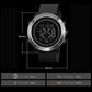 Digital outdoor wristwatch with silver bezel, black rubber strap, round digital face