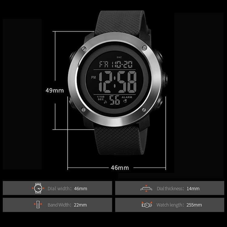 Digital outdoor wristwatch with silver bezel, black rubber strap, round digital face