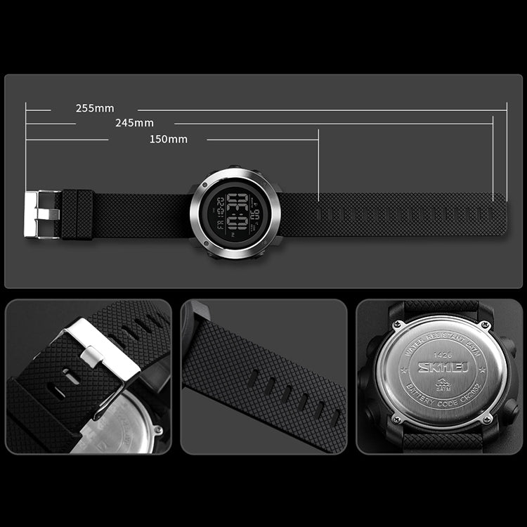 Digital outdoor wristwatch set with black rubber strap, buckle, and round back plate