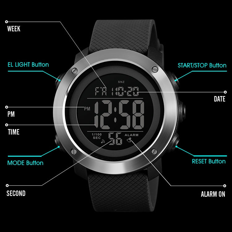 Digital outdoor wristwatch with black round case and black textured rubber strap, detailed front