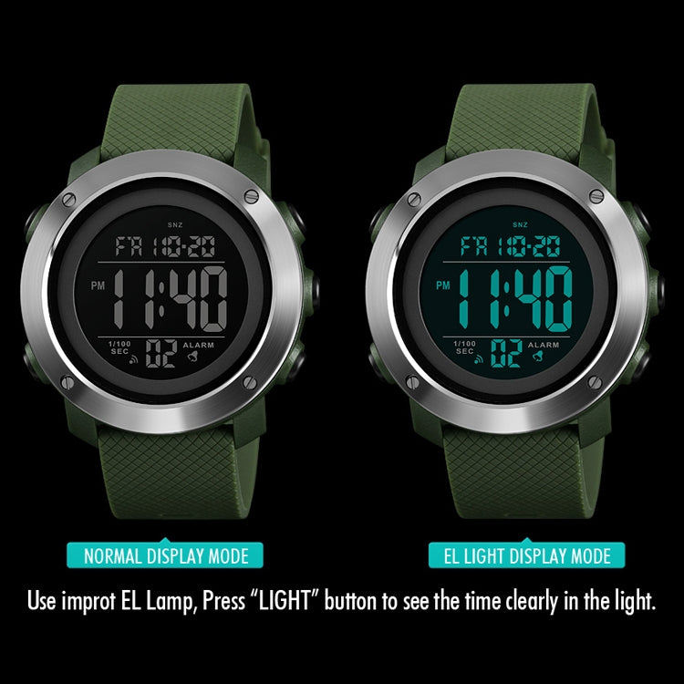Digital outdoor wristwatch with green rubber strap, silver bezel, green illuminated display