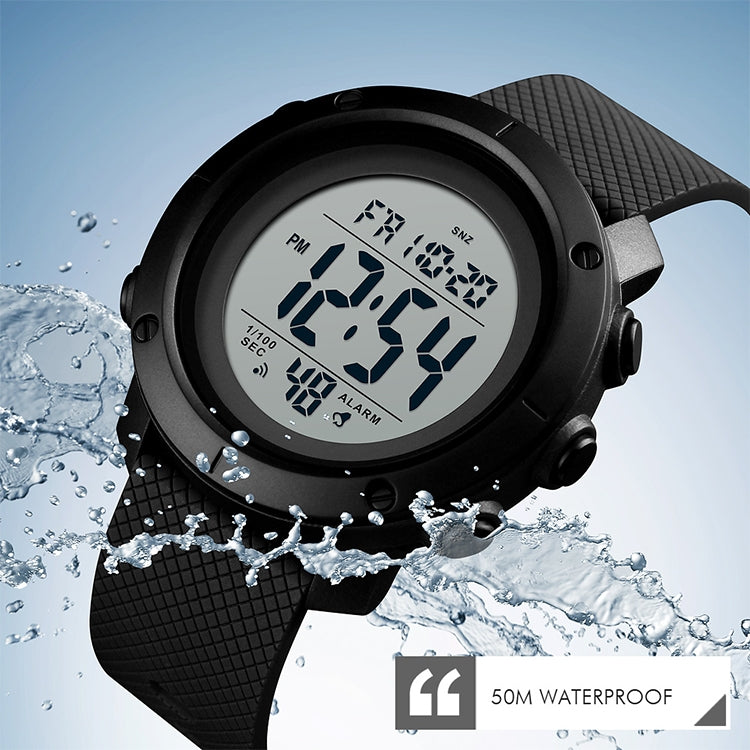 Water-resistant digital outdoor wristwatch with black case and textured black strap, splashing water