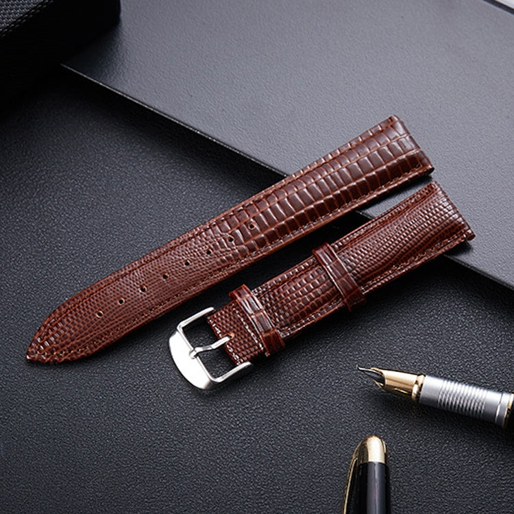 Coffee brown lizard-texture leather watch strap with silver pin buckle, 24mm.