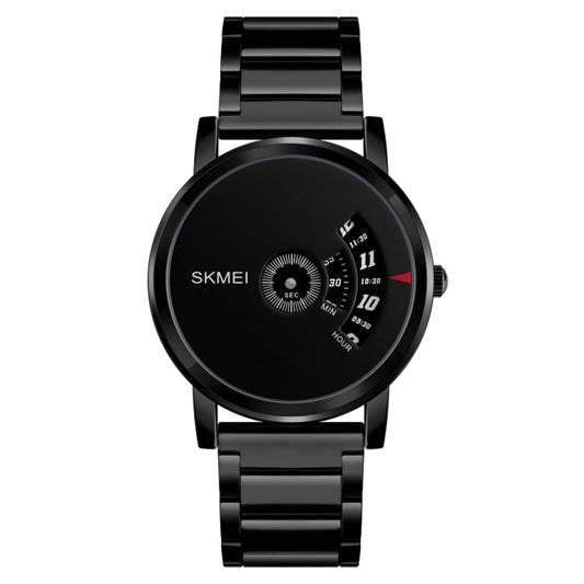 SKMEI quartz wrist watch with black round dial and black stainless steel bracelet