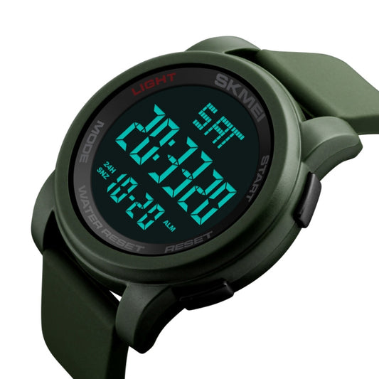 SKMEI men digital watch with army green case and silicone band, blue LED time display