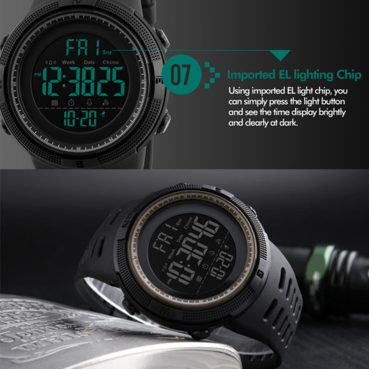 Men's digital sports watch with black PU band and green backlit display
