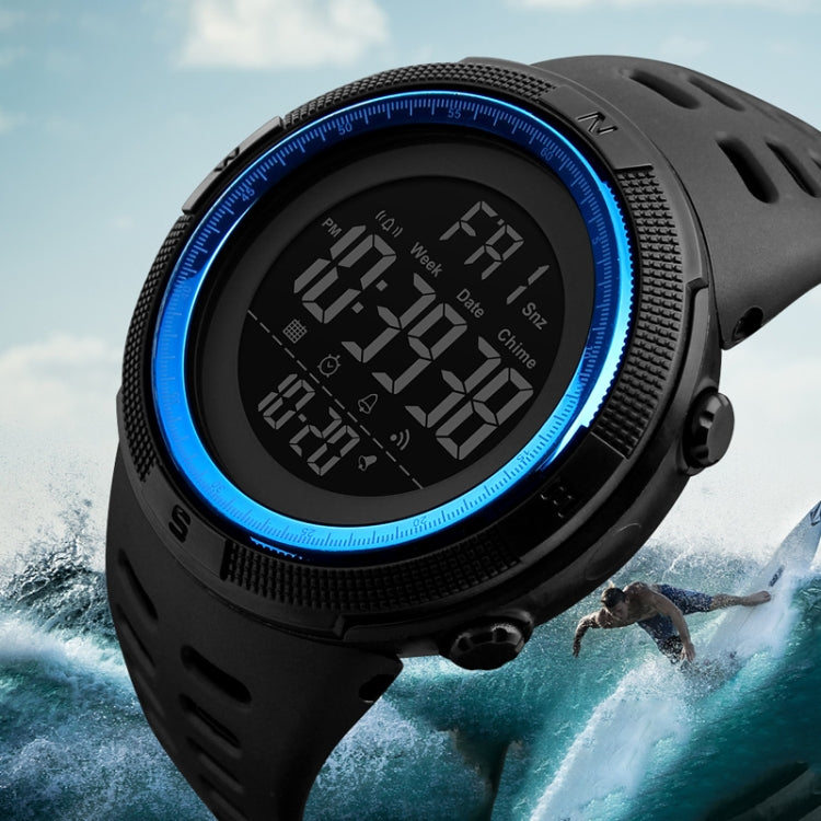 Men's digital sports watch with black PU band, blue bezel ring, and green display