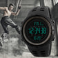 Men's digital sports watch with black PU band and green backlit time display