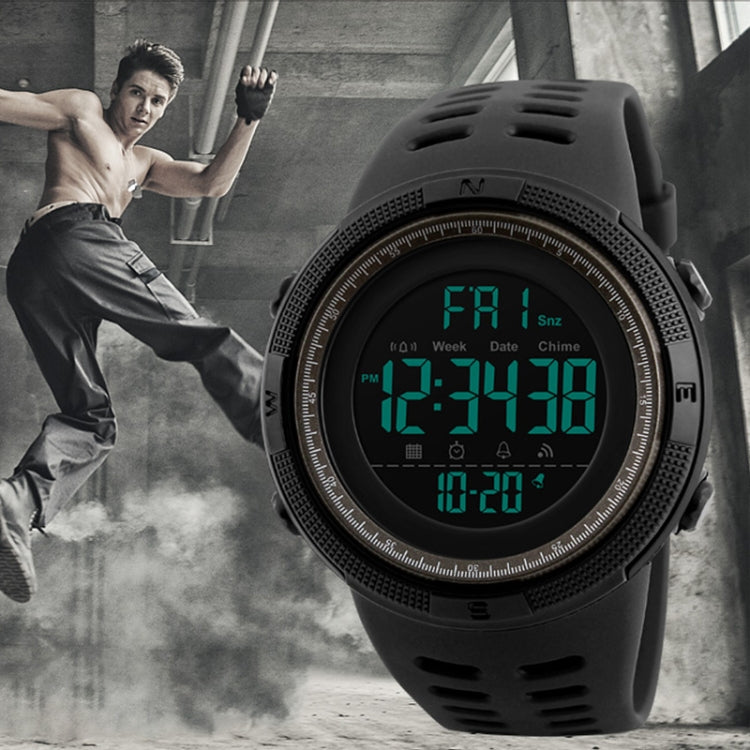 Men's digital sports watch with black PU band and green backlit time display