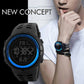 Men's digital sports watch with black PU band and blue-lit bezel ring