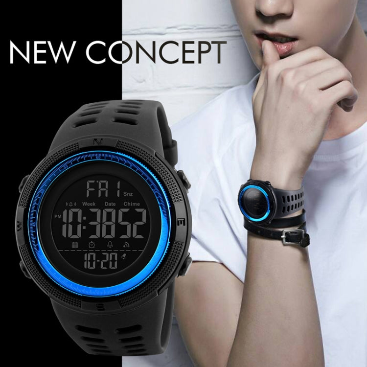Men's digital sports watch with black PU band and blue-lit bezel ring