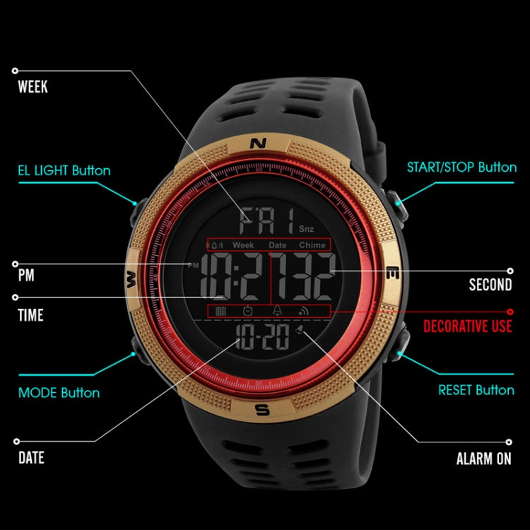 SKMEI 1251 men’s digital watch with black PU band and blue-red bezel accents