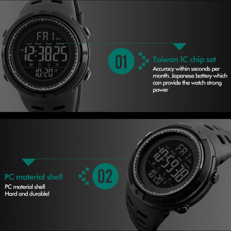 SKMEI 1251 men’s digital watch with black PU strap, angled side view