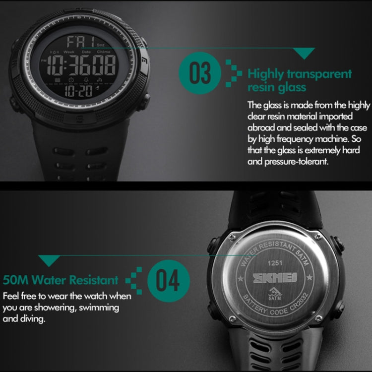 SKMEI 1251 men’s digital watch with black PU band and round back case