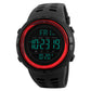 Men's digital sports watch with black PU band and red bezel ring with green display