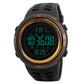 Men's digital sports watch with black PU band and gold bezel ring with green display