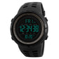 Men's digital sports watch with black PU band and green backlit numeric display