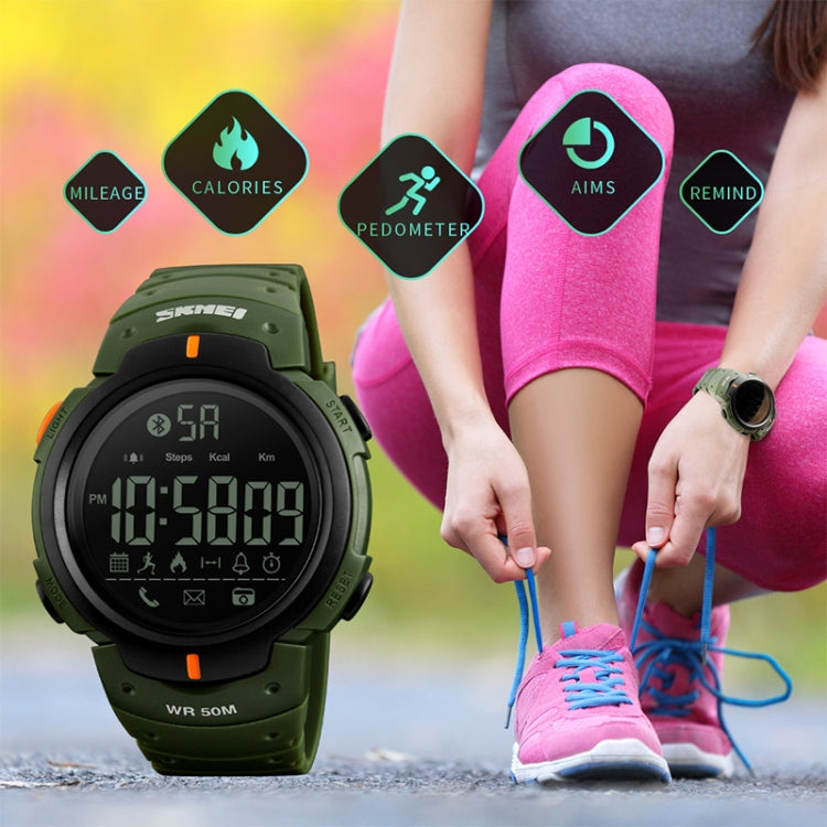 Army green waterproof sports smartwatch with round digital display and silicone strap