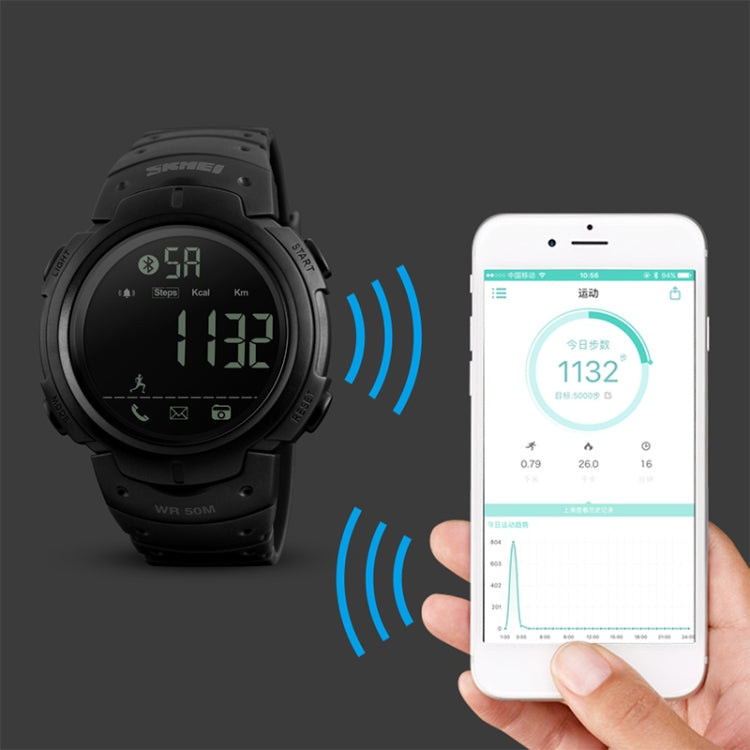 Black Bluetooth sports smartwatch showing steps next to smartphone fitness stats