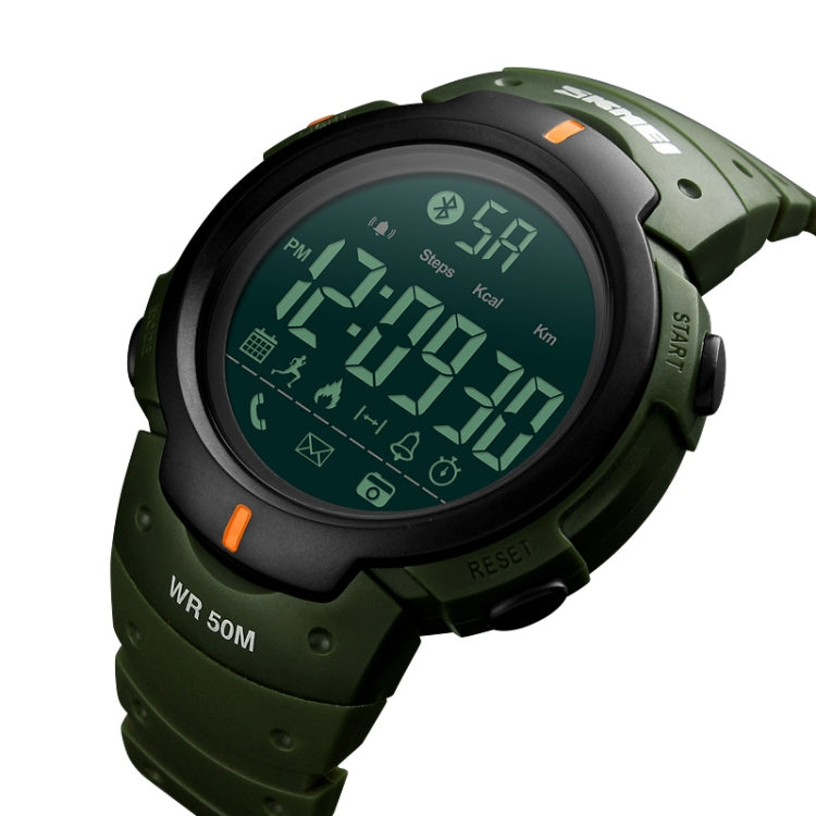 SKMEI 1301 multifunction sports smartwatch, army green band and round digital LCD face