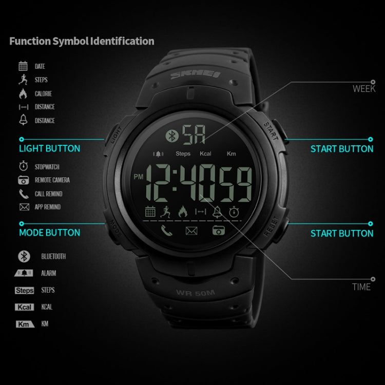 SKMEI 1301 sports smartwatch showing digital icons on LCD with labeled buttons
