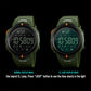 SKMEI 1301 sports smartwatch in army green, normal and EL light display shown