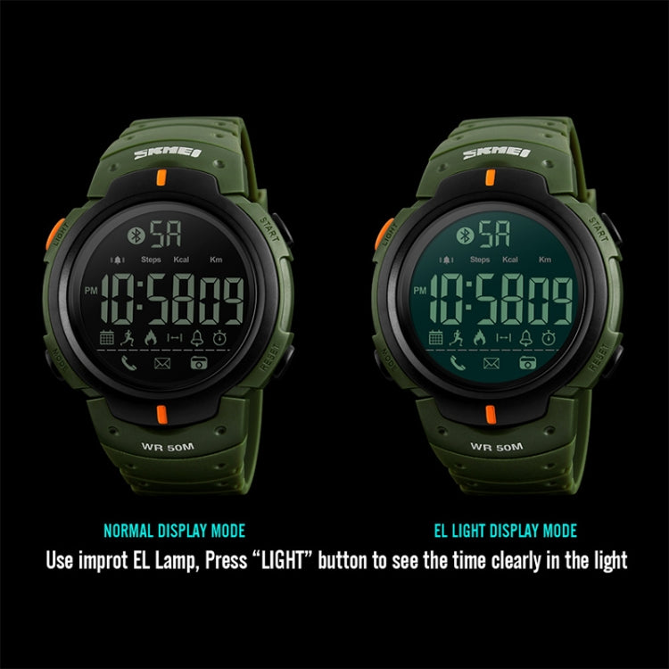 SKMEI 1301 sports smartwatch in army green, normal and EL light display shown