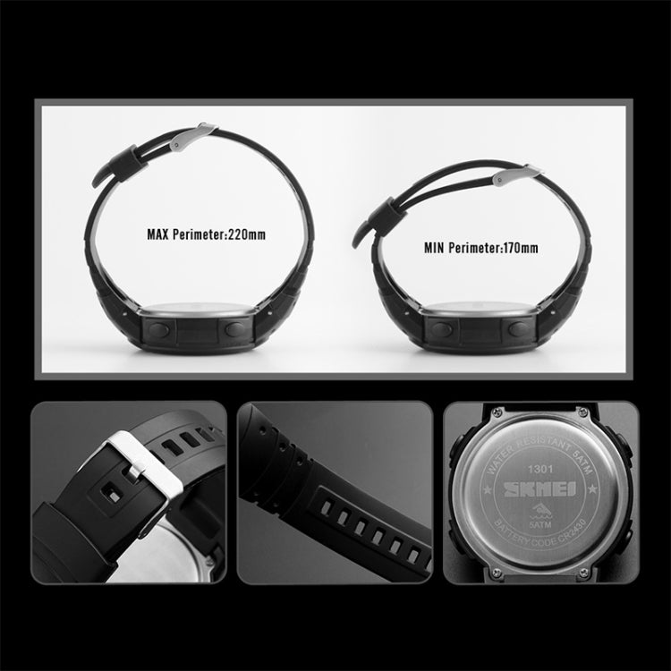 SKMEI 1301 sports smartwatch strap adjustment view, showing clasp and band range