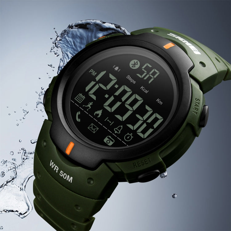 SKMEI 1301 sports smartwatch with army green strap, water splash near the watch face