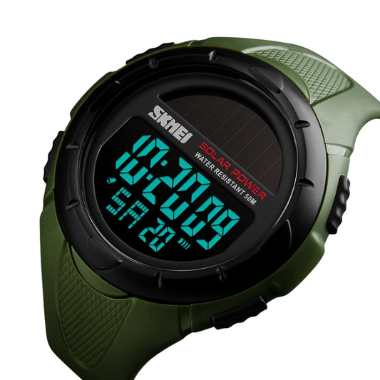 Army green solar digital watch with black bezel, cyan LED digits, and textured strap