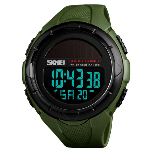 Army green digital solar sports watch with black bezel and cyan LED display